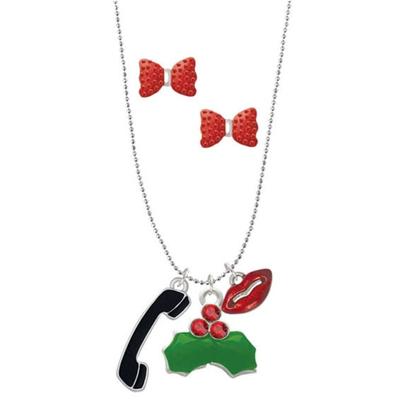 Delight Jewelry Silvertone Black Telephone Christmas Kiss Charm Necklace and Stud Earrings