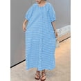 thumbnail image 4 of sicmoss Women's Blue Cotton Striped Gingham Swing Dress Crew Neck Loose Fit Midi Lantern Sleeve, 4 of 7