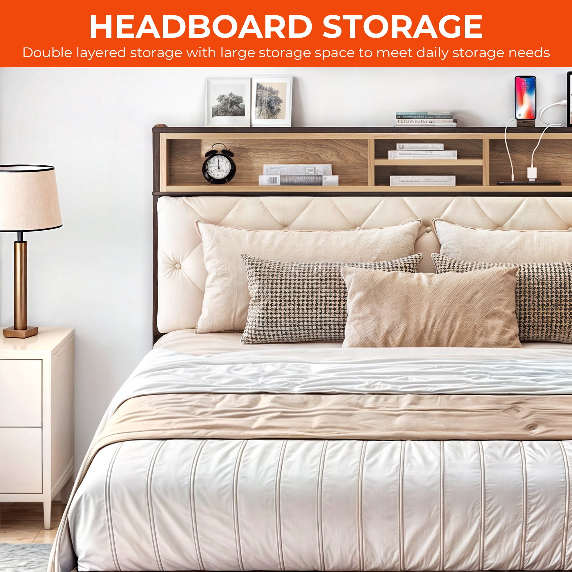 Uforic Beige Queen Size Platform Bed Frame with Upholstered Storage Headboard, Built-in Charging Station, and Metal Slats, No Box Spring Required