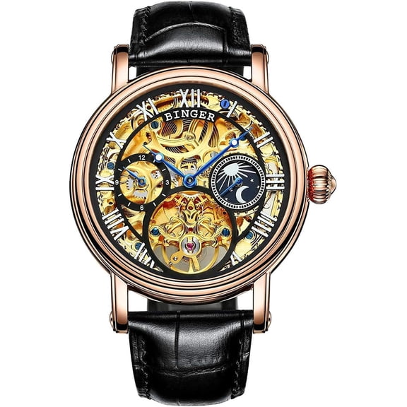 Men's Watch Automatic Mechanical Gold Silver Stainless Steel Black Leather Band Skeleton Watches