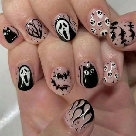 24 Pieces Short Oval Halloween Nail Art Stickers