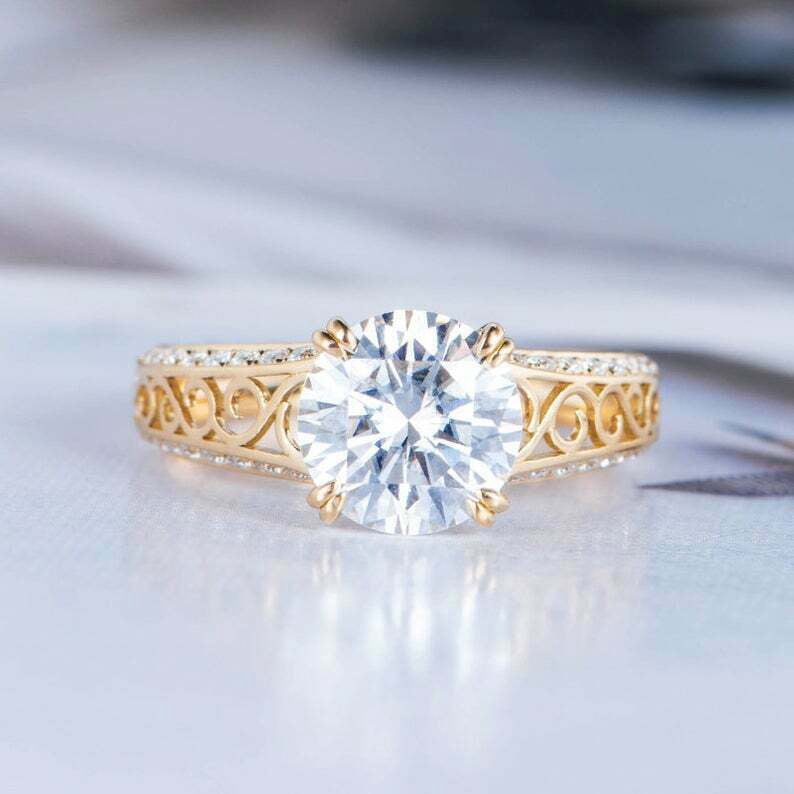 HeartsAndYou 1.5ct Round Cut Moissanite Engagement Ring for Women Filigree Solitaire 18k Yellow Gold over Silver