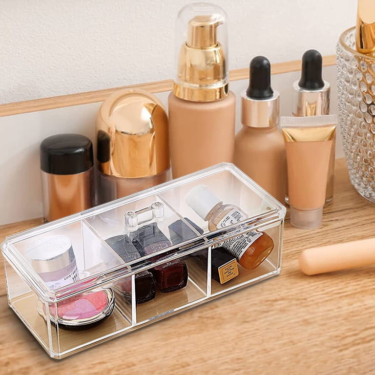 3-Compartment Acrylic Q-tip Holder With Lid - Cotton Ball & Swab Organizer For Bathroom Vanity