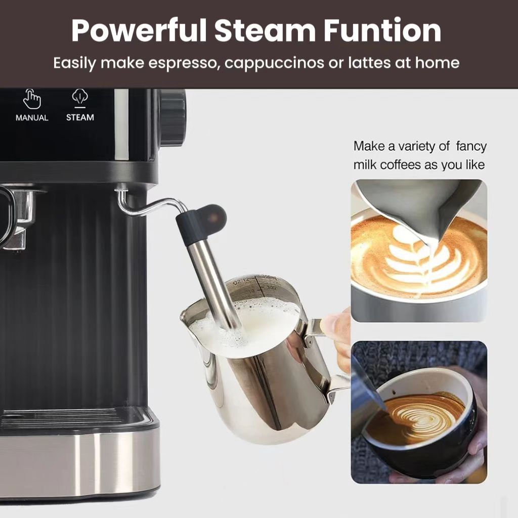 20Bar Espresso Coffee Machine - Semi-Automatic Cappuccino Maker with Milk Frother, Compact Home Coffee Brewer for Ground Coffee & Pods, 1350W Fast Heating