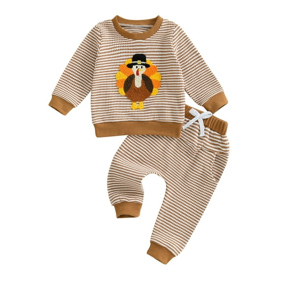 Miaouyo Toddler Baby Boys Thanksgiving Fall Clothes Set Turkey Pattern Long Sleeve Pullover Bow Pants 2 Pcs Outfits