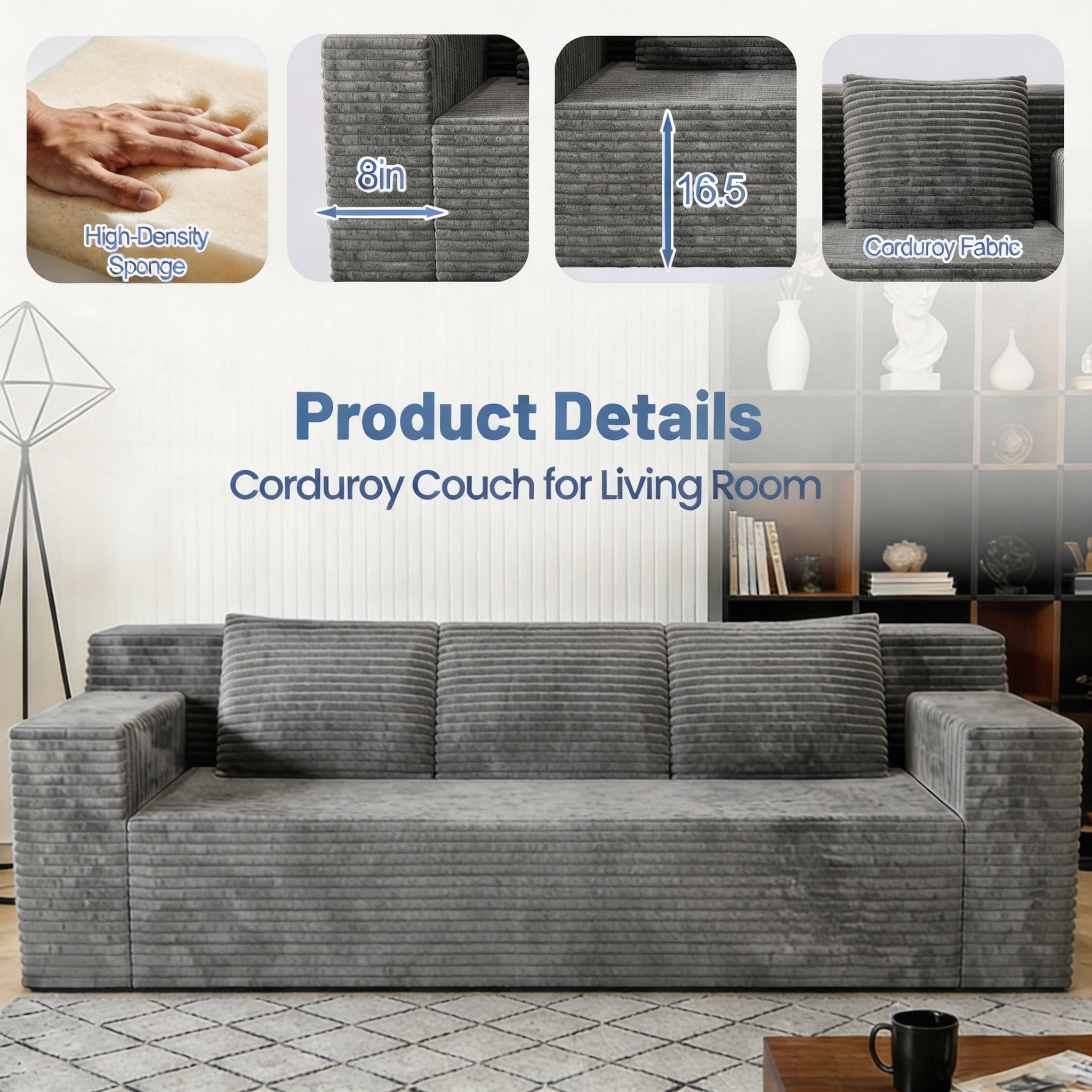 Modern 71" Corduroy Sofa, No Assembly Deep Seat Couch in a Box for Living Room, Grey
