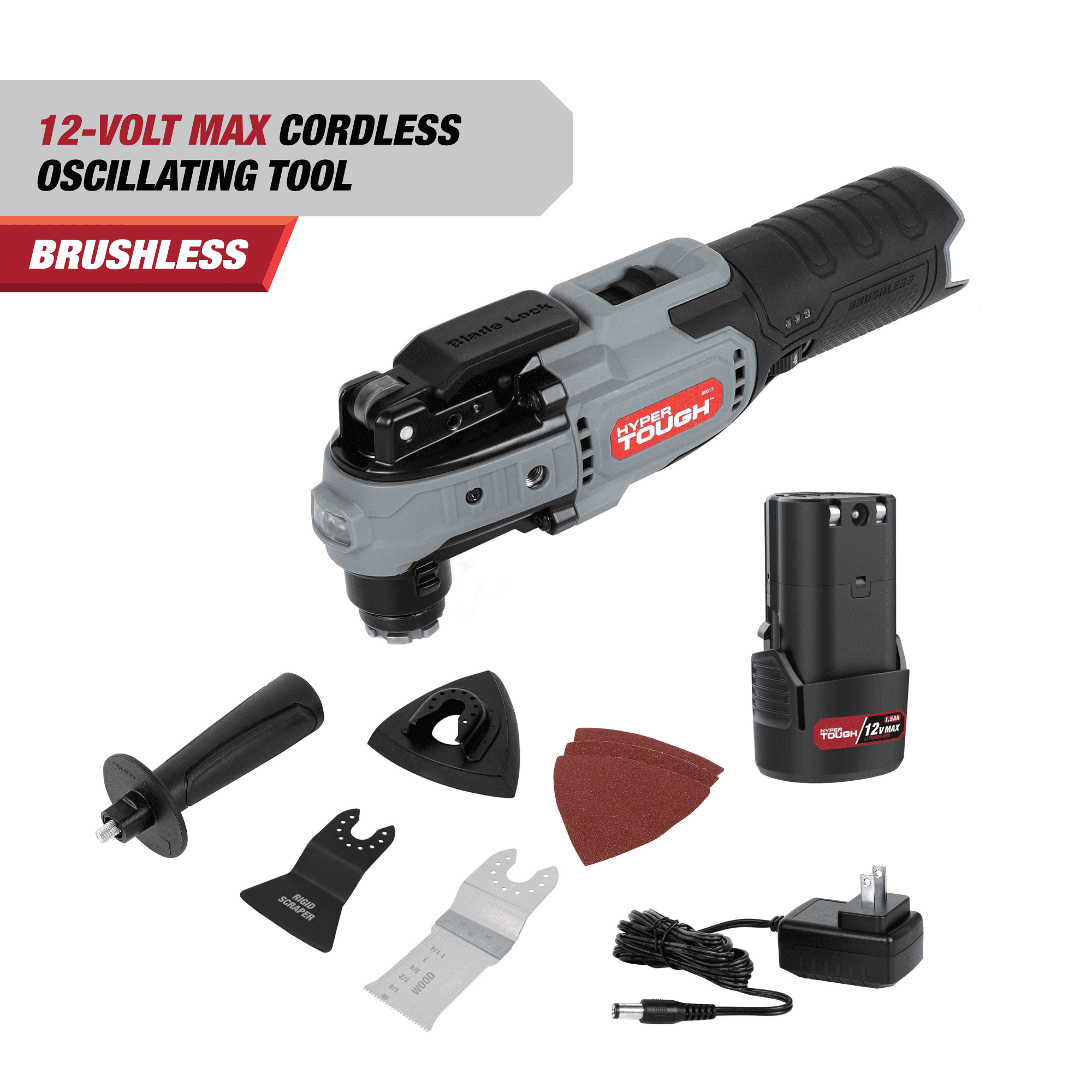 Hyper Tough 12-Volt Cordless Brushless Oscillating Tool Plus 4 Ah Battery,
