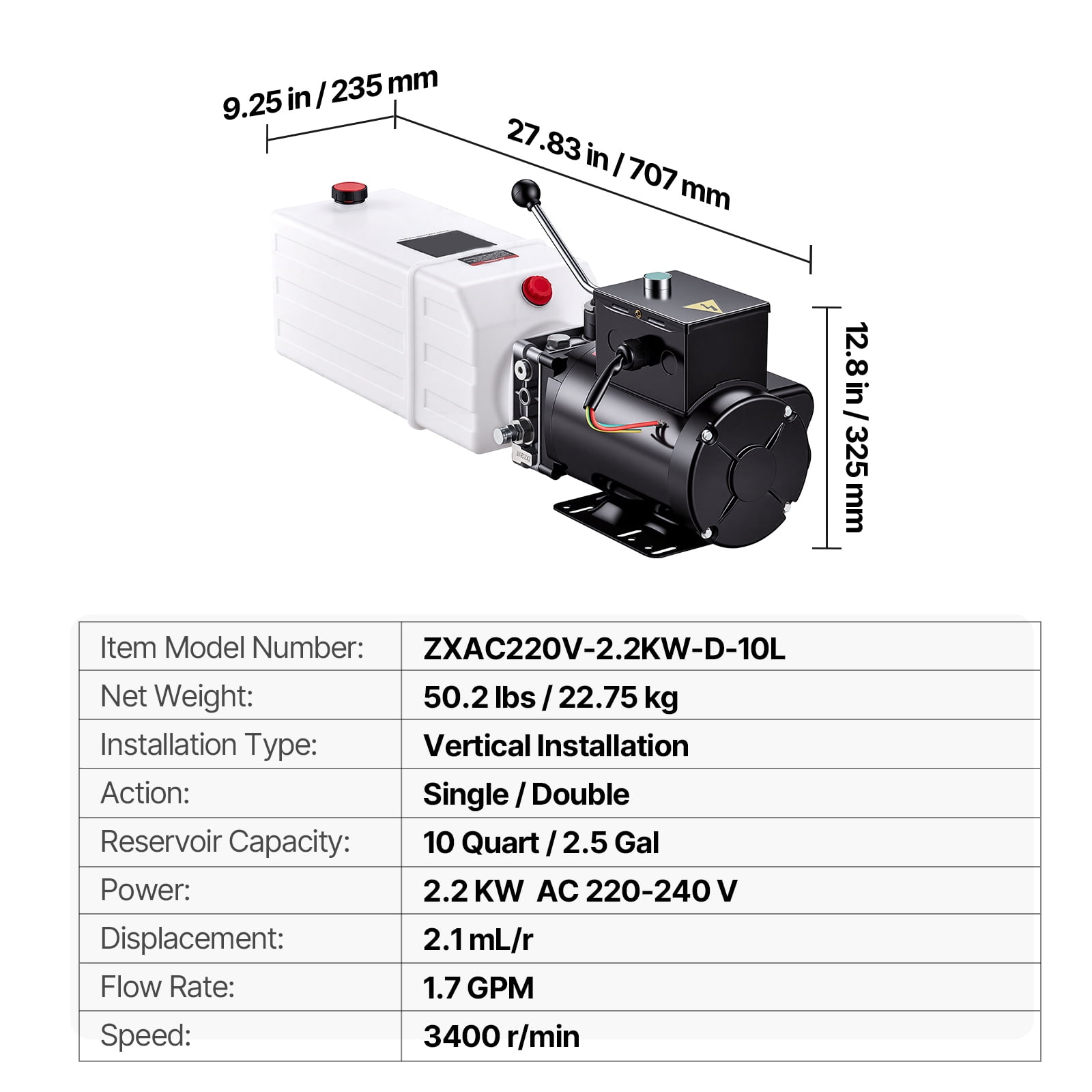 KFFKFF 10 Quart Hydraulic Pump, 2.2KW Motor for Dump Trailer, Single Acting Unit with 3200 PSI Max Pressure, 1.7 GPM Flow Rate, AC220-240V Power Unit for Vertical Installation