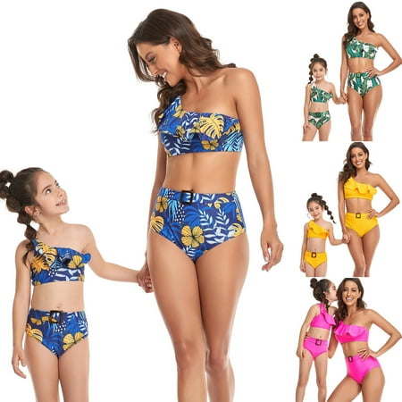 Lovskoo Mommy And Me Swimsuits High Waisted Bikini Sets For Women Ladies Ruffles Split Two Piece Bathing Suit Top Tie Swimwear For Parent-Child Bikini Set Hot Pink