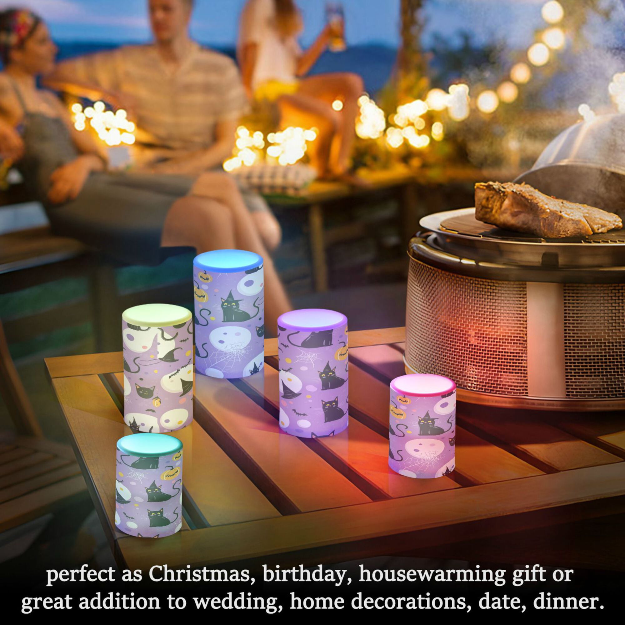 Yayeee Flameless Candles with Remote Flickering Battery Operated Multi Color Changing, Purple Halloween Pattern