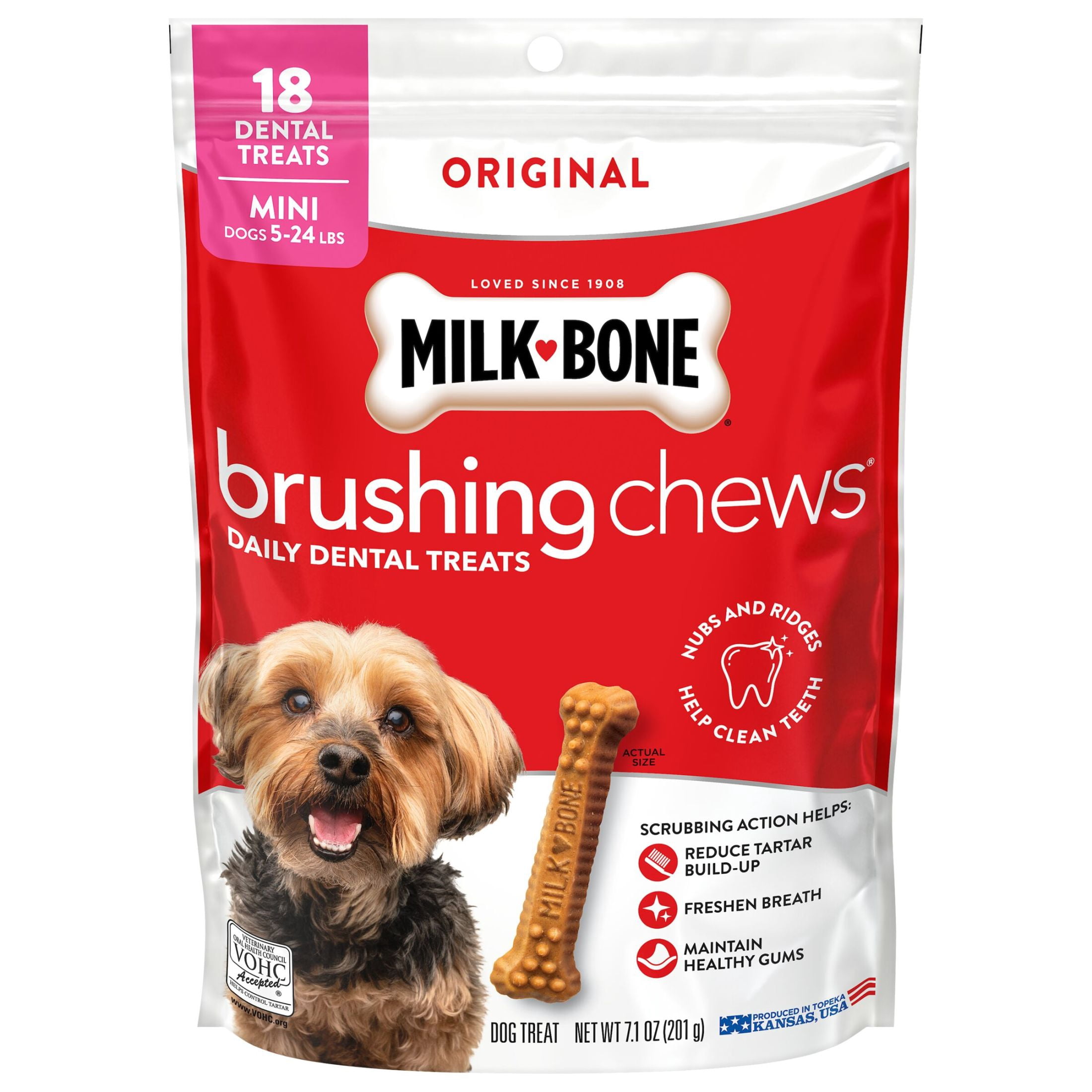 (4 pack) Milk Bone Brushing Chews Original Chicken Flavor Daily Dental Dog Treats, Mini, 7.1 oz Bag