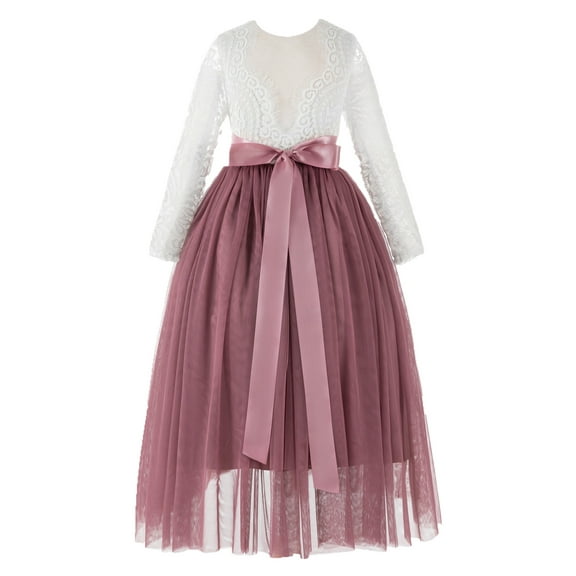 Ekidsbridal Girl Birthday Flower Girl Dress - Long Sleeve A-Line V-Back Lace Bohemian Lace 290R-A (Size: M-10)