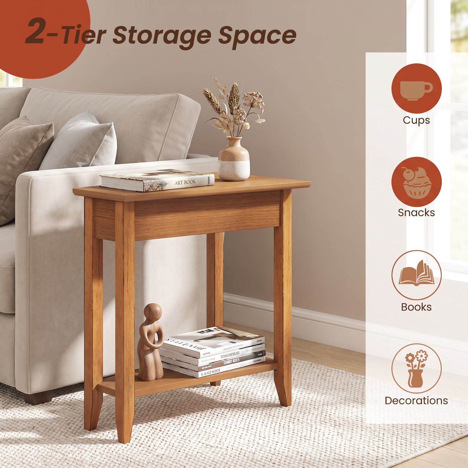 Furnibear 2 Tier Wedge Narrow End Table with Storage Shelf and Solid Rubber Wood Legs for Small Spaces and Sofa Side, Walnut
