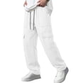 thumbnail image 4 of Men Contrast‑Stitch Wide Leg Cargo Pants, Elastic Drawstring Waist Casual Work Trousers, Loose‑Fit Multi‑Pocket Streetwear Pants, 4 of 8