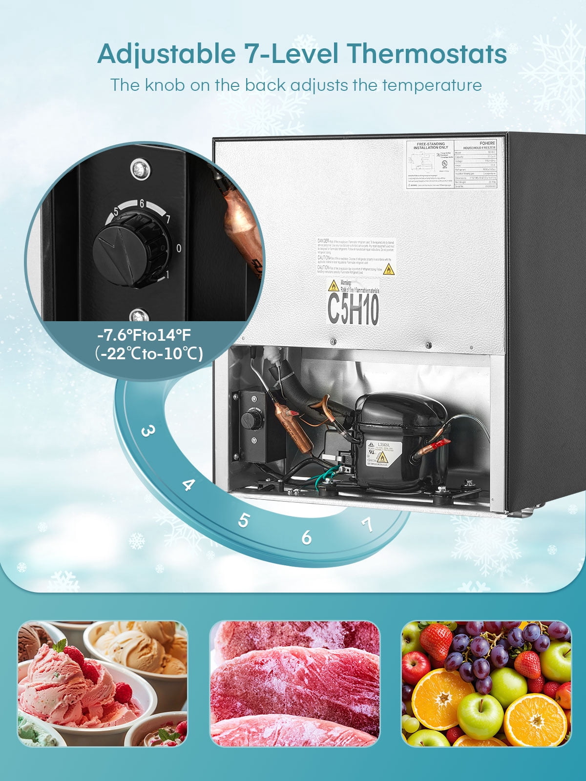 Compact Upright Freezer, fohere 1.1 cu.ft Countertop Mini Freezer with Reversible Door and 7 Adjustable Temperature, for Home/Apartment/Office, Silver