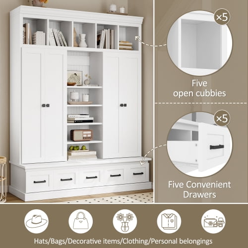 78.7" H Hall Tree with Bench and 5 Storage Cubbies, Modern Entryway Organizer Cabinet with 4 Doors, 5 Drawers, Adjustable Shelves, MDF, Metal Handles, for Hallway, Living Room, White