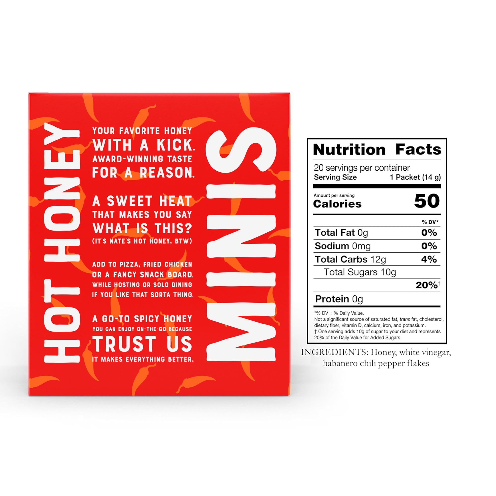Nate's Hot Honey Minis: 100% Pure Honey & Habanero Chili Pepper - 20 Single Serve Packets