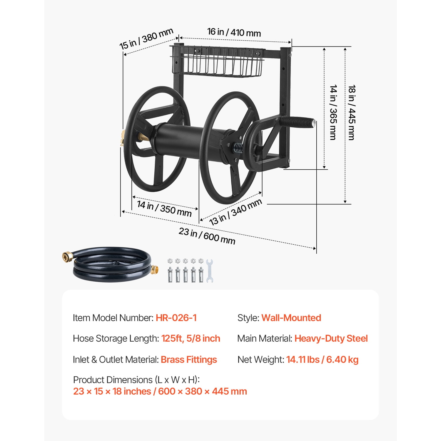 KFFKFF Wall-Mounted Garden Hose Reel, Fits 125 ft 5/8-inch Hose, Durable Water Hose Organizer, Compact Design, Outdoor Manual Reel with Brass Connector and Storage Basket for Lawn and Garden