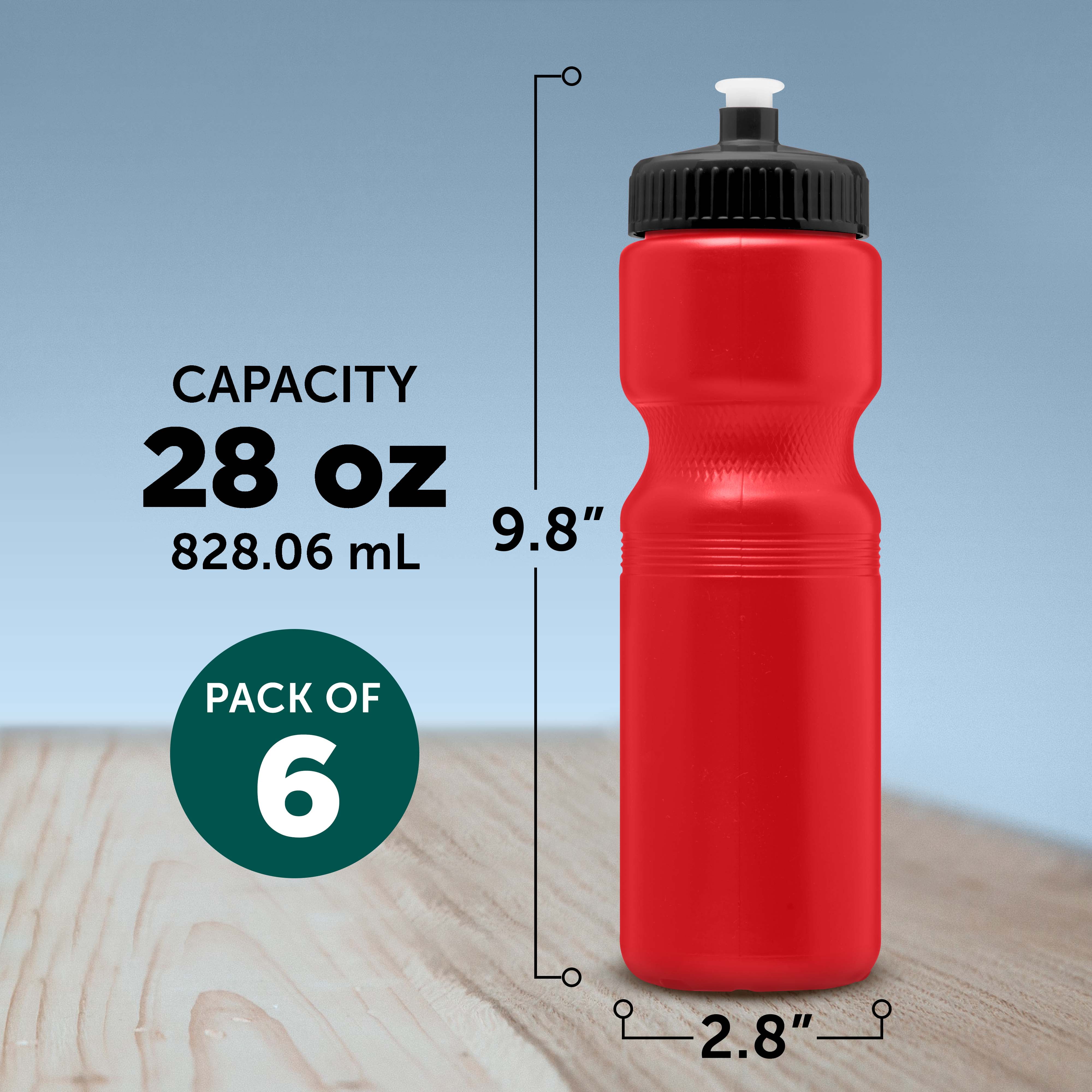 Water Bottles with Push Cap 28 oz. Set of 6, Bulk Pack - Reusable, Great for Gym, Hiking, Cycling, School - Red