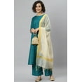 thumbnail image 3 of Janasya Indian Round Neck 3/4 Sleeve Solid Teal Poly Silk Kurta With Palazzo And Dupatta For Women, 3 of 7