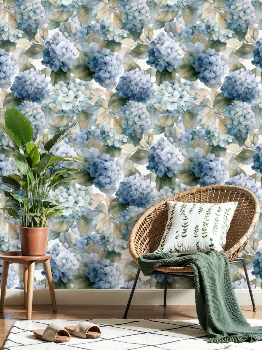 Peel and Stick Wallpaper Delicate Blue Hydrangea Flower Soft Green Leaves Wall Mural 23.6in x 9.8ft Self Adhesive Removable Wall Paper Renter Friendly Wallpaper for Nursery Bedroom Cabinets