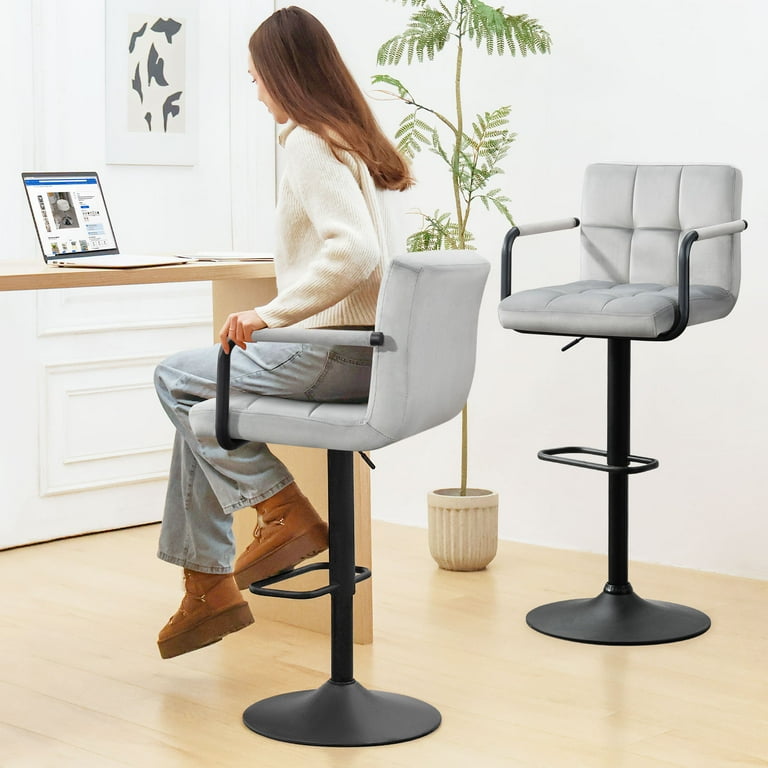 Furniliving 30 Height Adjustable Swivel Barstool Set of 2 Velvet Fabric Metal Base Grey Walmart