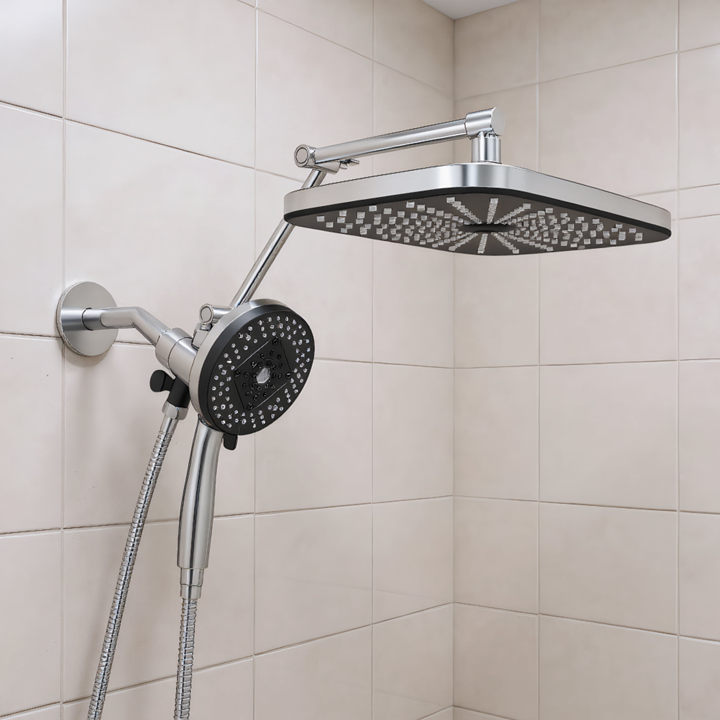 High Pressure Rain Shower Head: Upgrade Shower Heads with Handheld Spray Combo with Fixed Showerhead and 8 Sprays Handheld Shower Head, Detachable Shower head Built-in Magnetic Docking and Power Jets