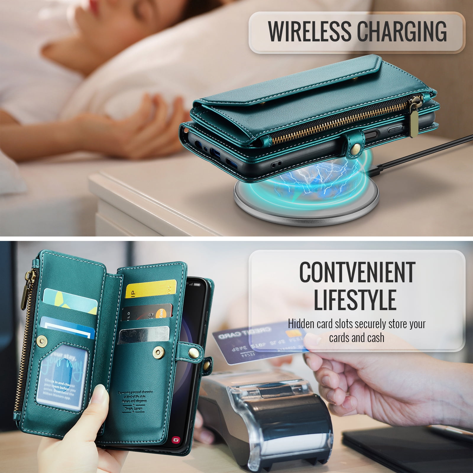 Compatible with Samsung Galaxy S23 5G Zipper Wallet Phone Case Tempered Glass Screen Protector Crossbody Lanyard Strap Flip Card Holder Slot Cell Cover for S 23 23S GS23 G5 SM-S911U 6.1 Women Green