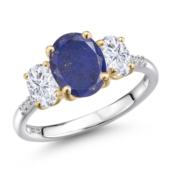 Gem Stone King 925 Silver and 10K Yellow Gold Blue Lapis and White Moissanite and Lab Grown Diamond Engagement Ring for Women | 3.06 Cttw | Oval 9X7MM | Birthstone | Size 9