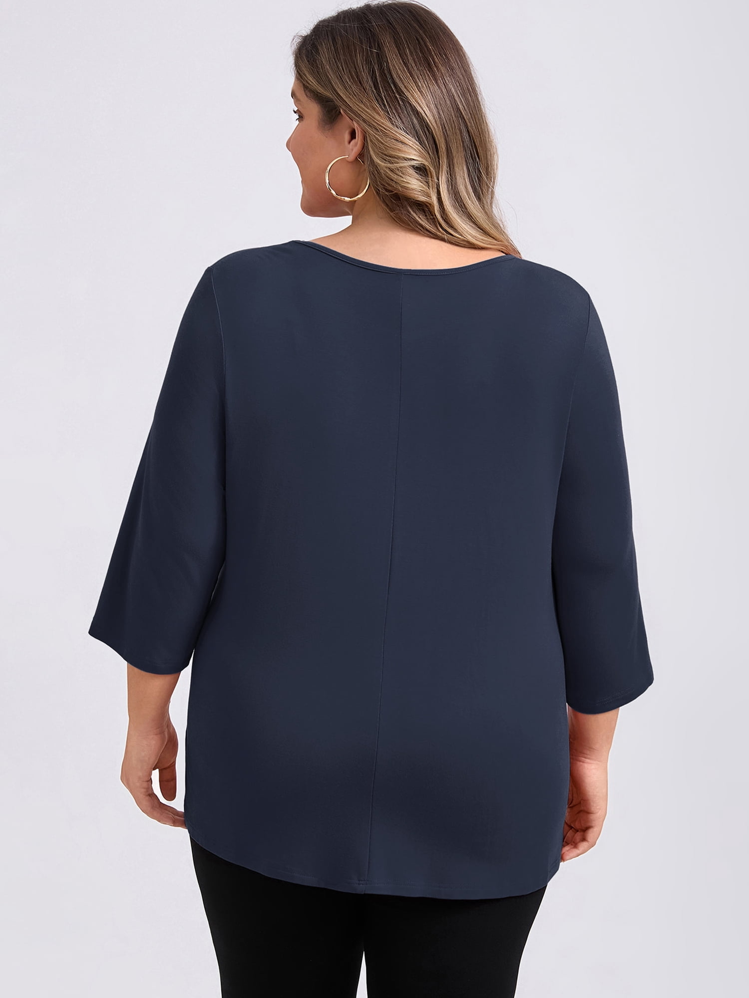 DARING DIVA Women's Plus Crew Neck 3/4 Sleeve Waist Pleated Blouse 2X Dark Blue