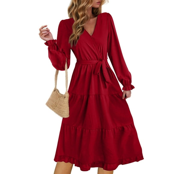 Lenpel Women's Midi Dresses Long Sleeve Wrap V Neck Belted Tiered Ruffle A-Line Flowy Dress Spring Fall Dresses