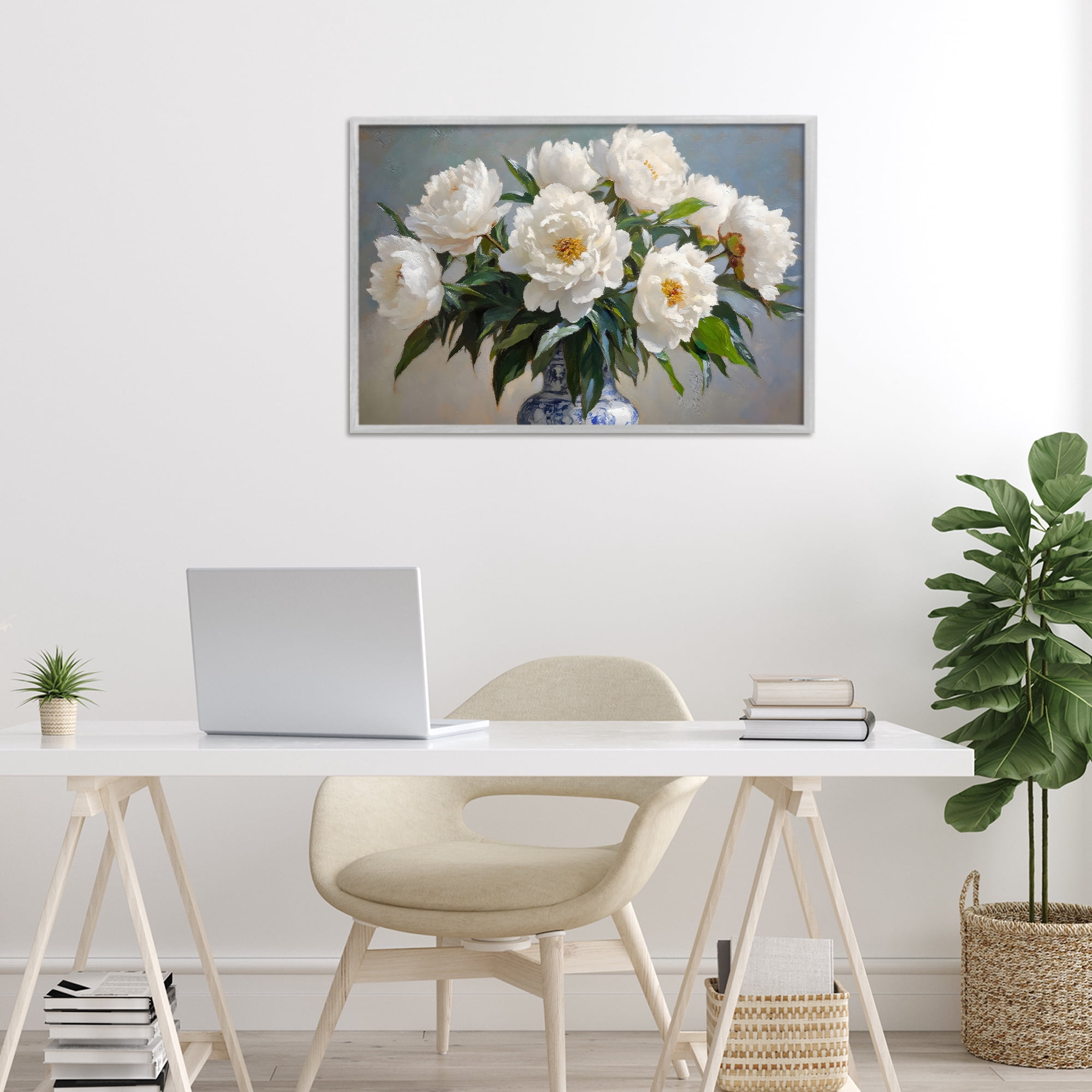 Stupell Industries In Full Bloom White Peonies Gray Framed Giclee Art, design by Petal Prints Design