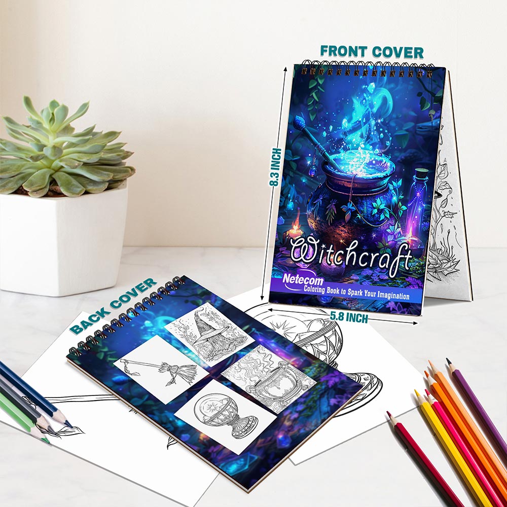 Netecom Witchcraft Coloring Book for Women, A5 Wooden Cover, 30 Enchanting Coloring Pages of Witchy Thing and Magical Potion for Stress Relief and Relaxation, Spiral Bound Edition
