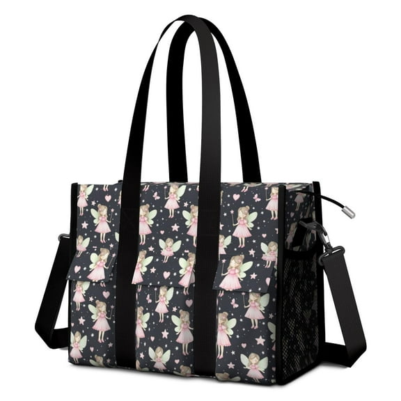 Teacher Tote Bag,Black Fairy Star Pattern Teacher Utility Tote Bag,Large Work Tote Bags for Women with Multiple Pockets,Top Zipper Closure,13.8x10.6x6.7 Inch