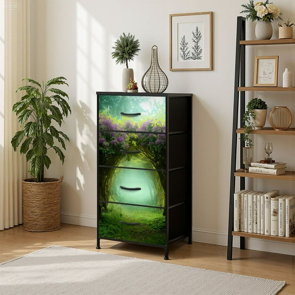 4 Drawer Vertical Storage Dresser Fantasy Magic forest Beautiful spring landscape Lilac trees blossom with Wood Top Fabric Pull Drawers