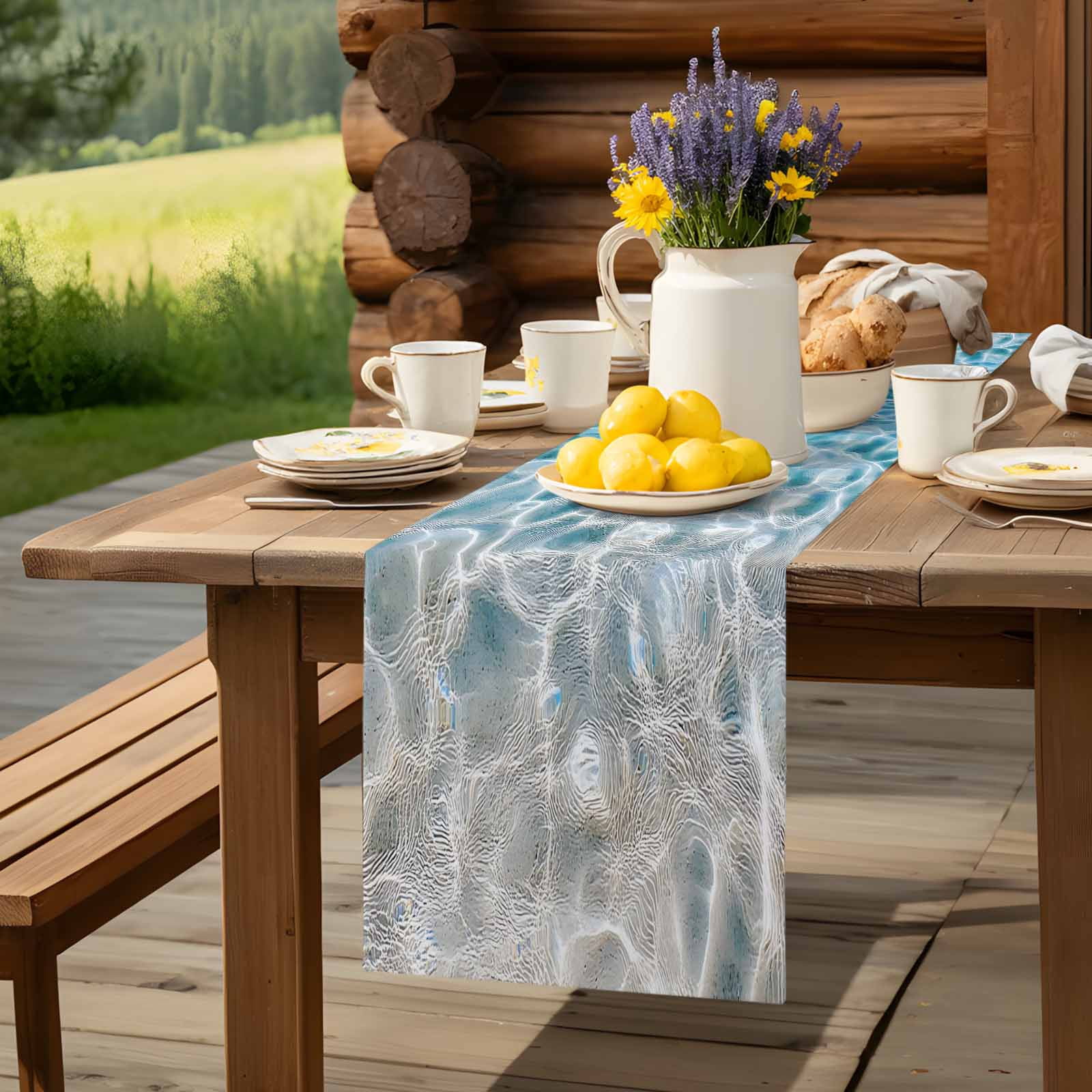 Blue Sea Water Ripple Table Runner 90 Inches Long, Ocean Seabed Table Runners Tabletop Scarf Kitchen Dining Tables Decoration for Home Party Indoor Outdoor