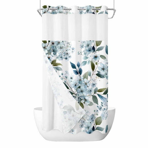 No Hook Watercolor Flowers Shower Curtain with Snap in Liner Set, Spring Floral Leaves Botanical Blue Waterproof Fabric Bathroom Curtains with See Through Top Window, Hotel Style Stall 54 x 78 Inch