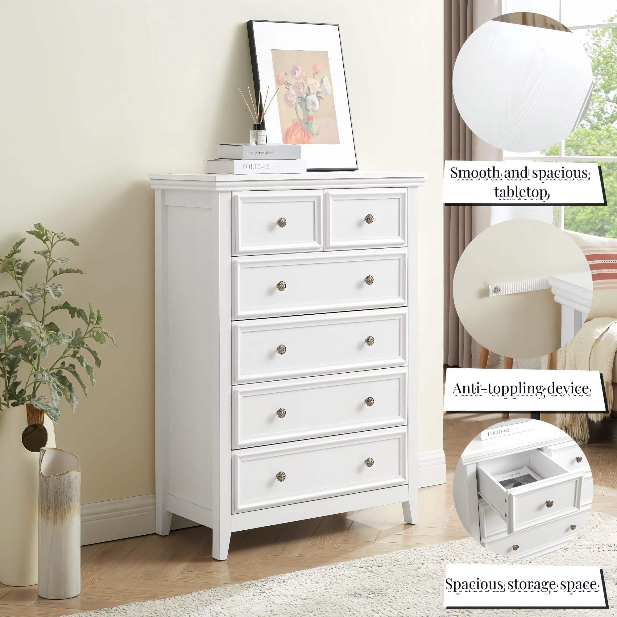 Leumius 6 Drawers Dresser,Modern Tall Chest of Drawers Closet Organizers and Storage Clothes Storage Drawers Cabinet for Living Room,Bedroom,White