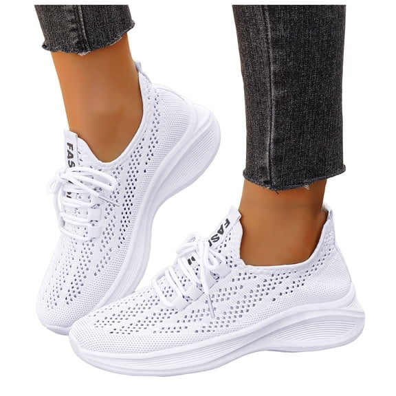 Tennis Shoes Women Comfy Cushioned Slip on Mesh Walking Shoes Lightweight Lace up Workout Sneakers Knit Loafers White Size 8