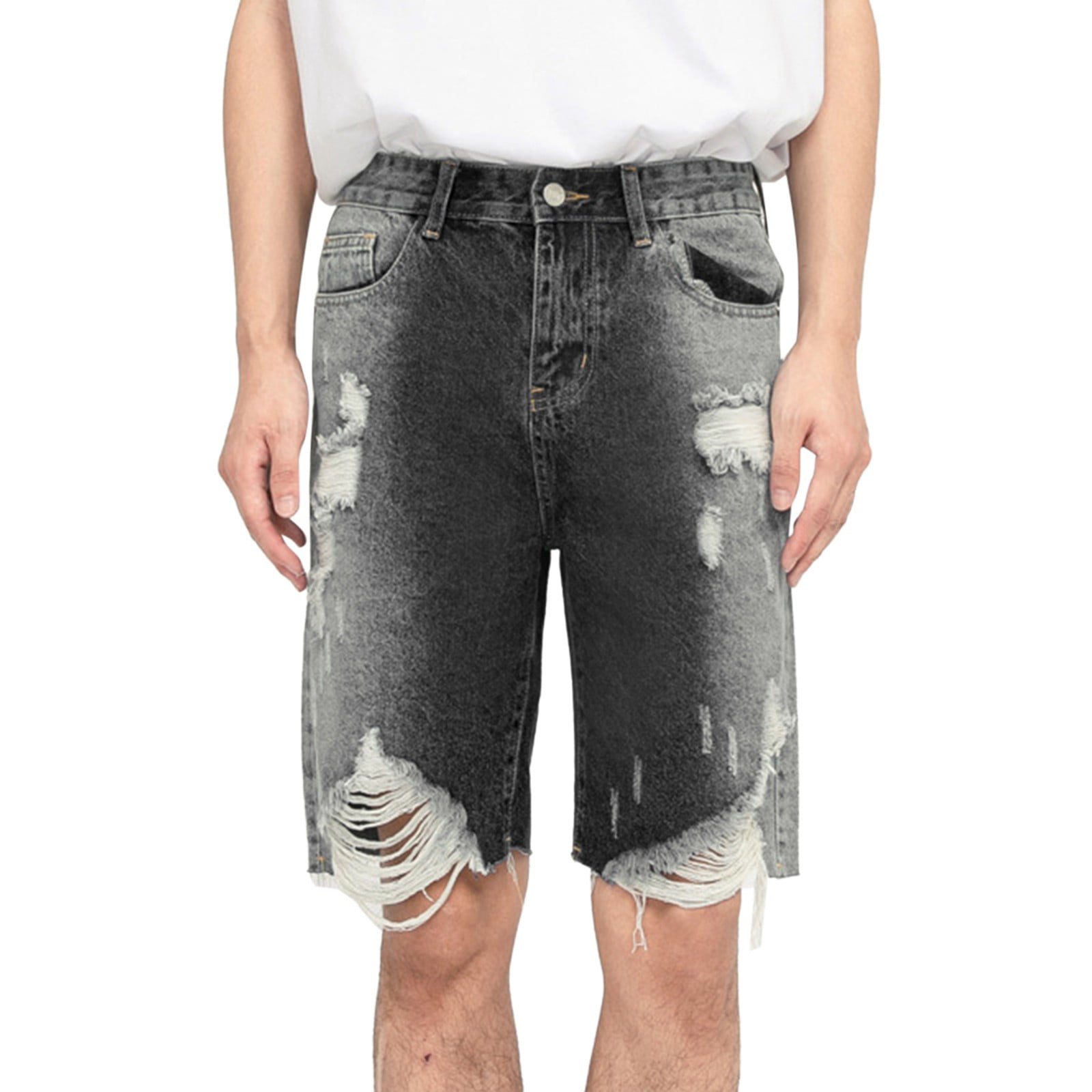 sebtyili mens custom jeans shorts gradual trend ragged loose hole split ...