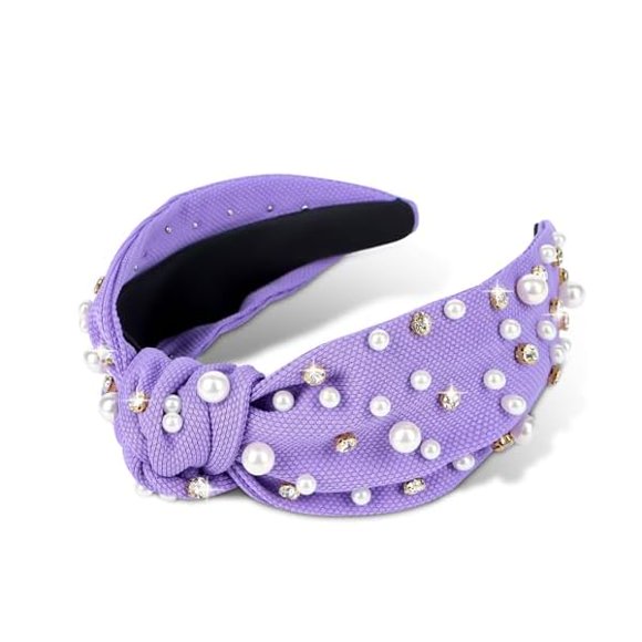 wonima44 Jaciya Pearl Headbands for Girls Rhinestone Headbands for Women Wide Knotted Purple Headband for Women Beaded Head Band Knot Turban Hair Accessories