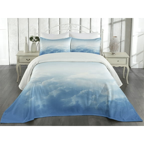 Ambesonne Nature Quilted Coverlet 3 Pcs, Peaceful Fluffy Clouds, King Size, Blue White