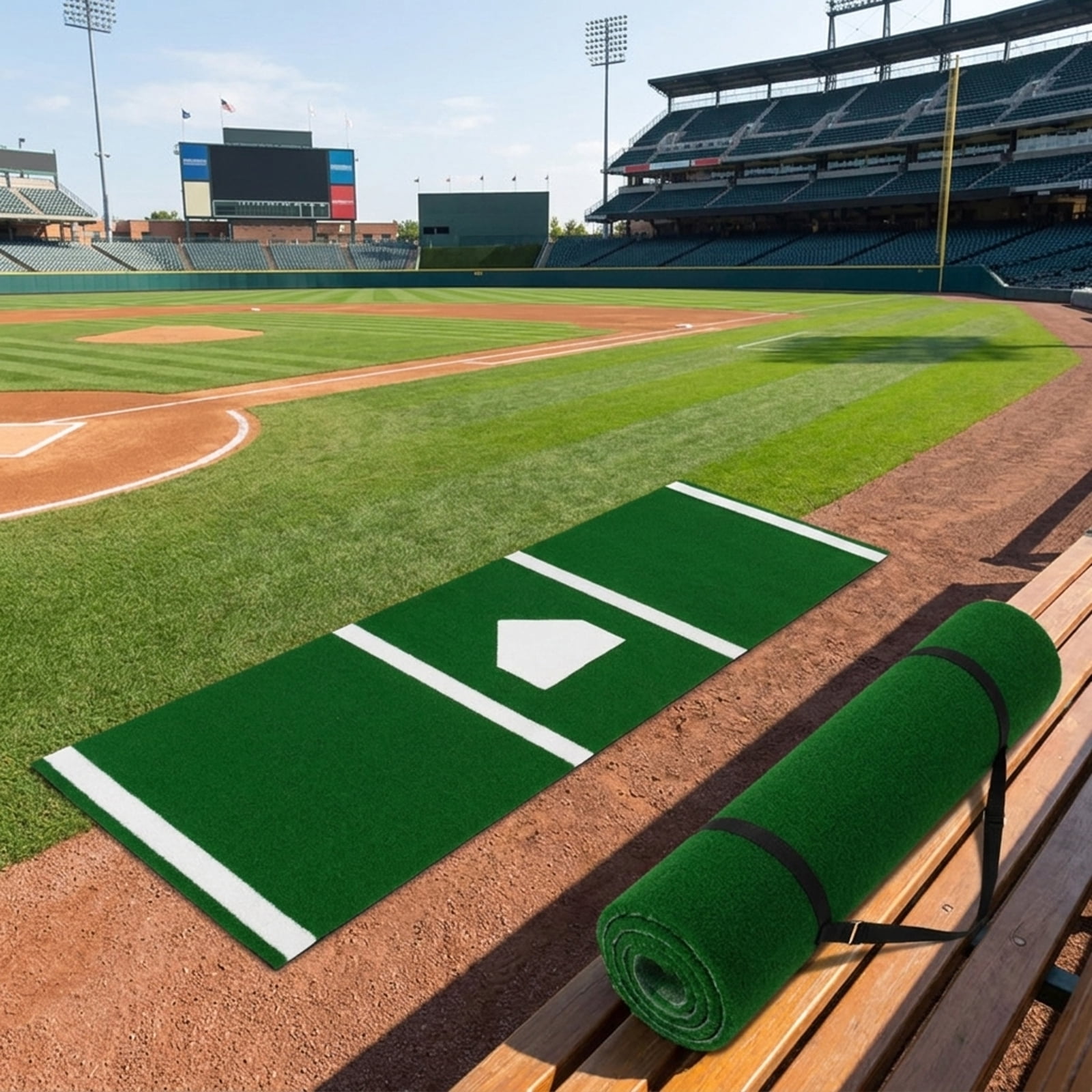 Airfind 10 ft x 3.8 ft Baseball and Softball Batter Practice Mat with needle-punched home plate markings and diamond-emboss rubber backing for switch-hitter drills, Green