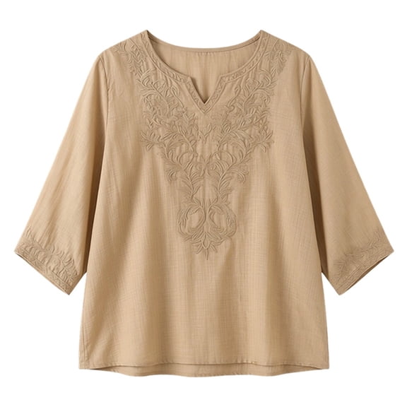 XIAONU Womens Embroidered Linen Blouse Loose Three Quarter Sleeve Split V-Neck Floral Embroidered Linen Shirt Lightweight Boho Casual Daily Wear Top