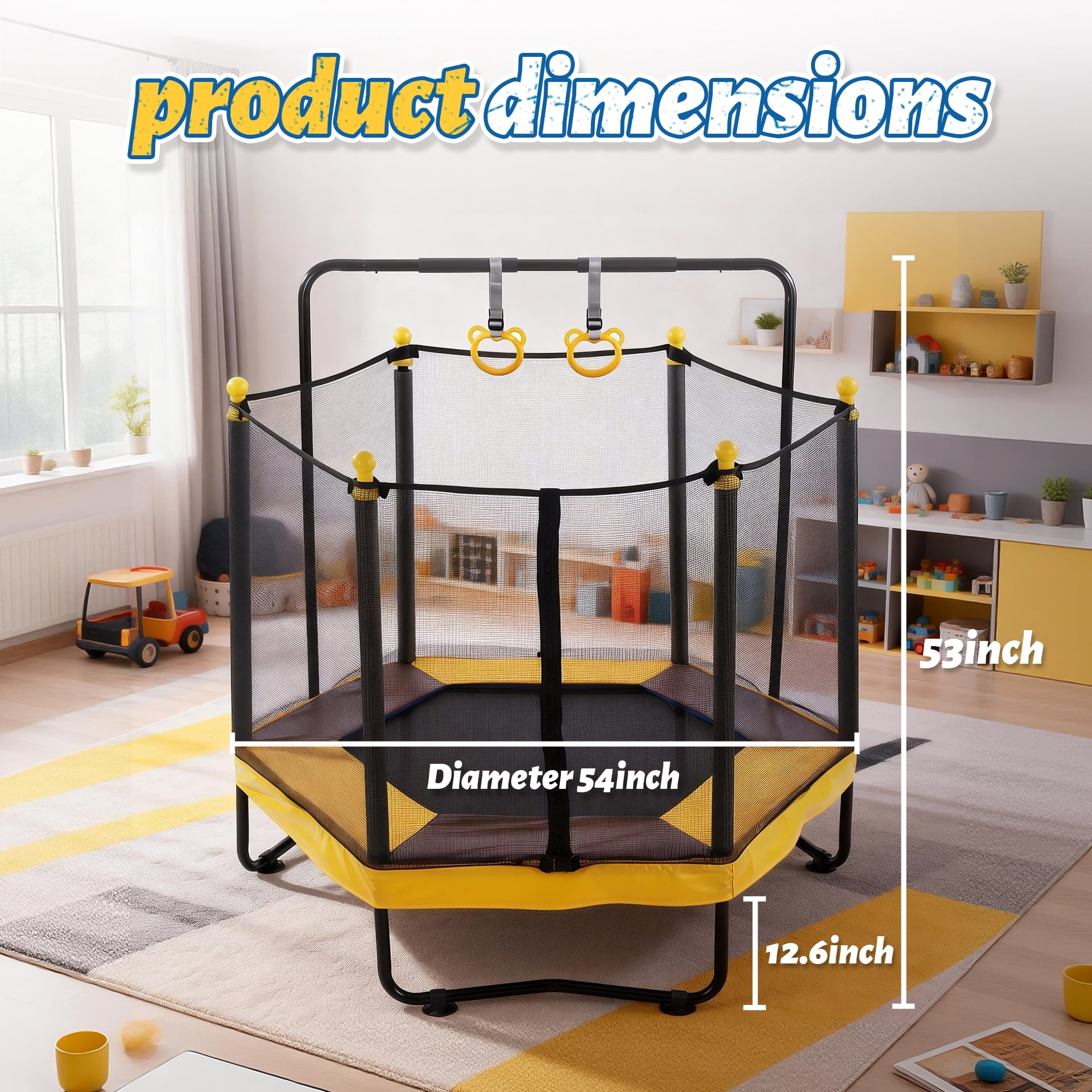 54" Kids Trampoline with Swing, Horizontal Bar, SEGMART 4-in-1 Oval Toddler Trampoline with Enclosure Safety Net, Outdoor Indoor Backyard Recreational Trampoline for Kids, Toddlers, Baby