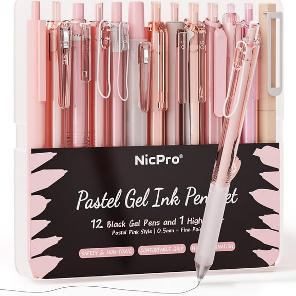 Nicpro 13PCS Pastel Gel Ink Pen Set with Case, Cute Retractable 0.5mm Fine Point Pen, 12 Black Ink Pens with 1 Highlighter, Aesthetic Drawing Pen