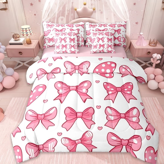 Erosebridal 3D Cartoon Bowknot Print Kids 7-Piece Twin Bedding Sets,Girls Pink Bowtie Bedding Comforter Set,Pink Reversible
