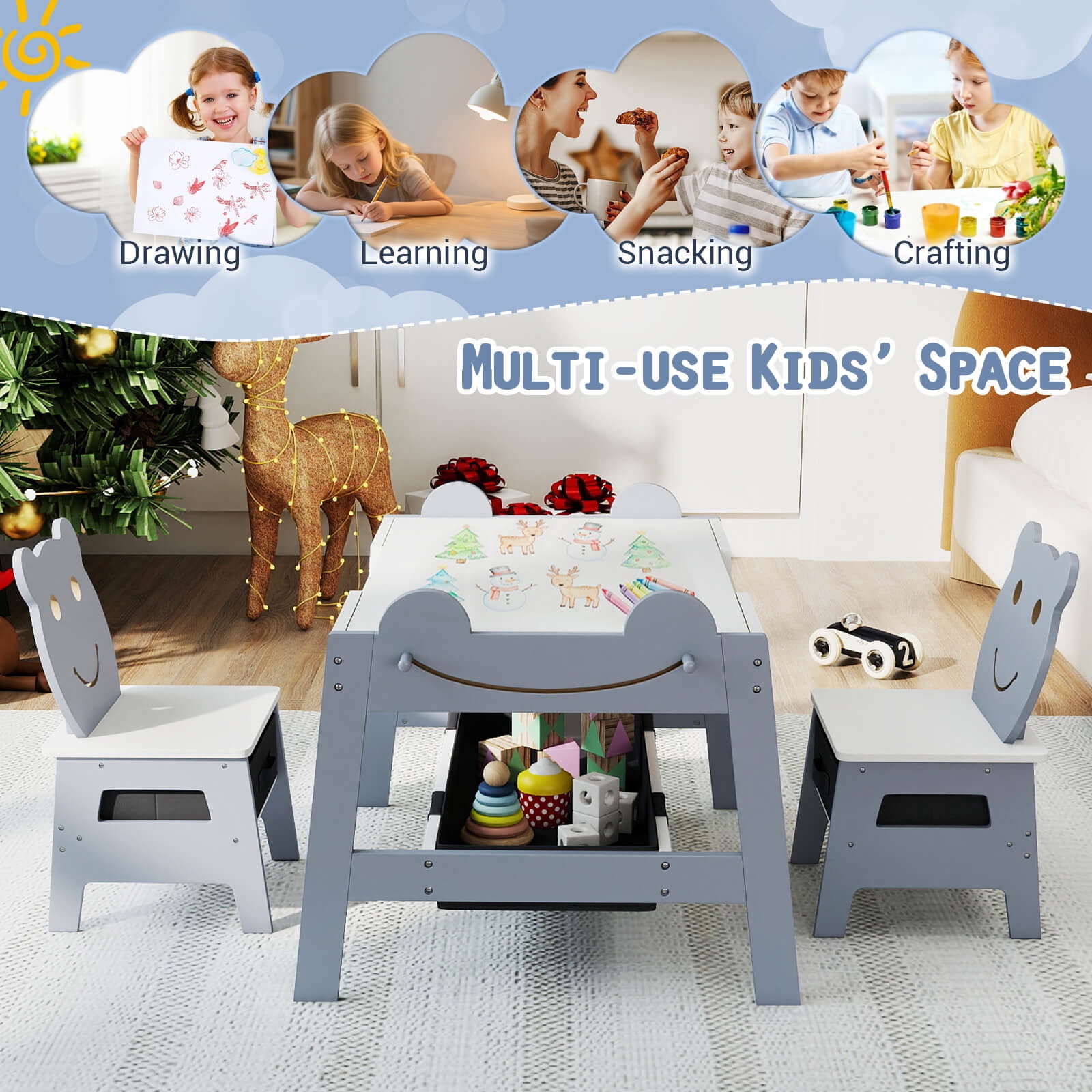 Costway 5-in-1 Kids' Table & Chair Set with Chalkboard, Whiteboard, 3 Storage Bins, 4 Hooks Gray + White