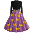 thumbnail image 5 of Halloween Dresses for Women Witch Hat Pumpkin V Neck Cocktail Hepburn Vintage Dress Long Sleeve 1950s Fall Cute Tea Length Dress with Belt S, 5 of 5