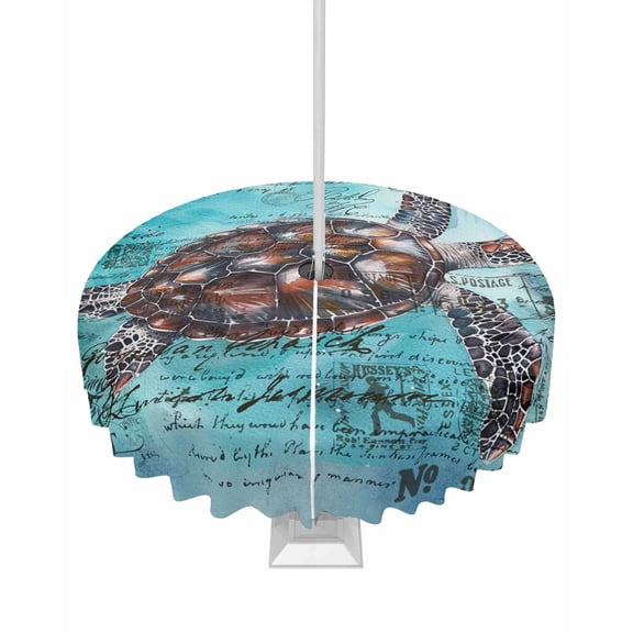 Fsddascl Coastal Sea Turtle Outdoor Tablecloth - 60 Inch Round Dining Table Cover, Blue Nautical Summer Beach Vintage Waterproof Outdoor Table Cloth with Umbrella Hole & Zipper for Picnic/Patio